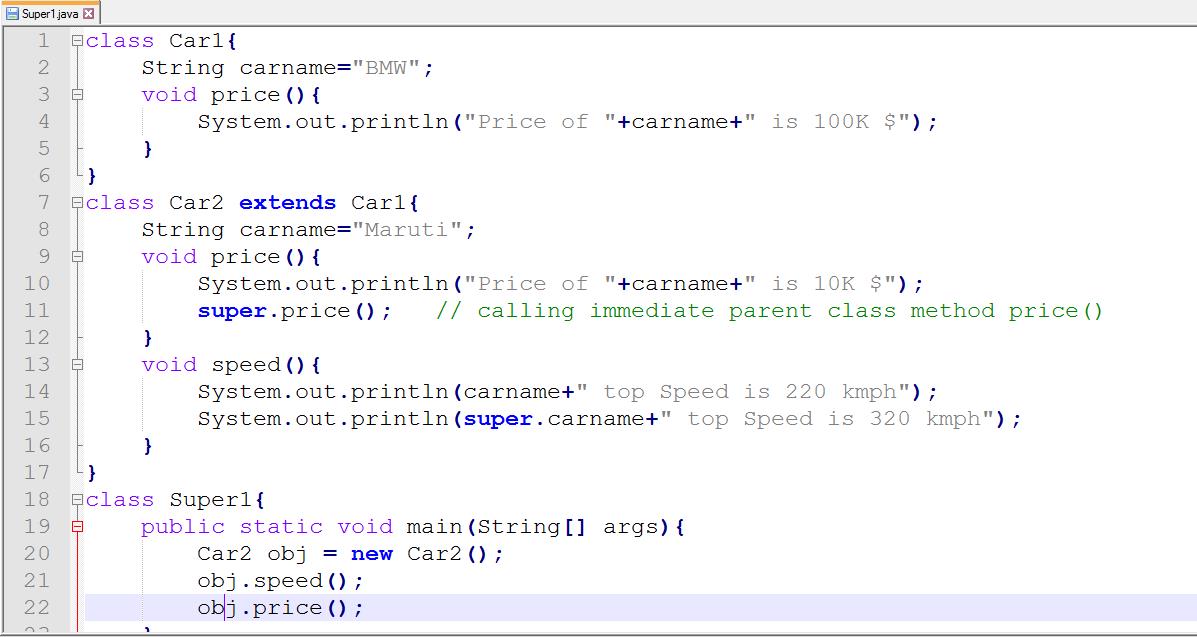 This image describes a program supporting, Using super keyword to refer immediate parent class member(field and method).